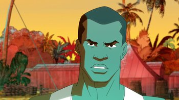 Movie still from “DC Showcase: Constantine - The House of Mystery” (2022), directed by Matt Peters – An animated picture of a man in a green shirt; Close Up shot, Low angle