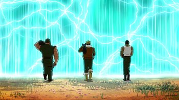 Movie still from “DC Showcase: Constantine - The House of Mystery” (2022), directed by Matt Peters – A group of men standing in front of a waterfall; Wide shot, Low angle