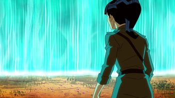 Movie still from “DC Showcase: Constantine - The House of Mystery” (2022), directed by Matt Peters – A woman standing in front of an animated waterfall; Extreme Wide shot, High angle