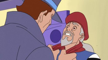 Movie still from “DC Showcase: Constantine - The House of Mystery” (2022), directed by Matt Peters – An animated picture of a man and a man with a hat on; Close Up shot, Over the shoulder angle