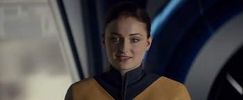 Movie still from “Dark Phoenix” (2019), directed by Simon Kinberg – A person wearing a uniform; Close Up shot, Over the shoulder angle