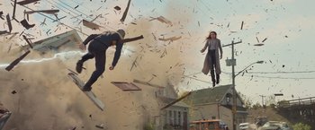 Movie still from “Dark Phoenix” (2019), directed by Simon Kinberg – A man and a woman flying through the air; Wide shot, Low angle