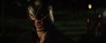 Movie still from “Dark Phoenix” (2019), directed by Simon Kinberg – A person wearing a helmet; Close Up shot, Over the shoulder angle