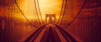 Movie still from “To Catch a Killer” (2023), directed by Damián Szifron – A view of a train track with a bridge in the background; Extreme Wide shot, High angle
