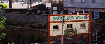 Movie still from “Dawn of the Dead” (2004), directed by Zack Snyder – An image of an outdoor basketball court in a city setting; Extreme Wide shot, Overhead angle