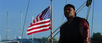 Movie still from “Dawn of the Dead” (2004), directed by Zack Snyder – A man standing in front of an american flag on a boat; Medium shot, Low angle