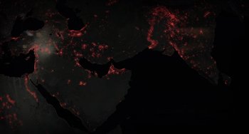 Movie still from “Dawn of the Planet of the Apes” (2014), directed by Matt Reeves – A map of the middle east lit up at night; Extreme Close Up shot, High angle