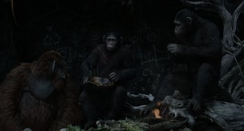 Movie still from “Dawn of the Planet of the Apes” (2014), directed by Matt Reeves – A group of monkeys sitting in front of a chalkboard wall; Wide shot, Low angle