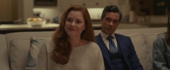 Movie still from “Dear Evan Hansen” (2021), directed by Stephen Chbosky – A man and a woman standing next to each other in a kitchen; Medium shot, Over the shoulder angle