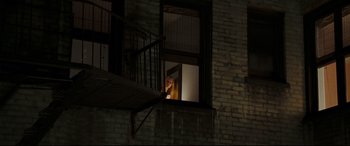Movie still from “Two Lovers” (2008), directed by James Gray – A dog looking out of a window at night; Wide shot, Low angle