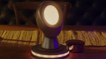 Movie still from “Deborah” (2022), directed by Noga Pnueli – A lamp that is sitting on a table; Extreme Close Up shot, High angle