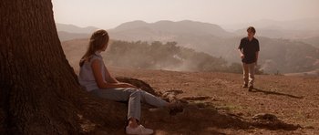 Movie still from “Deep Impact” (1998), directed by Mimi Leder – A woman sitting on top of a tree stump; Wide shot, High angle