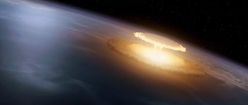 Movie still from “Deep Impact” (1998), directed by Mimi Leder – An image of an asteroid in the sky; Extreme Wide shot, High angle