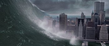 Movie still from “Deep Impact” (1998), directed by Mimi Leder – A large wave crashes into a city in the middle of the day; Extreme Wide shot, High angle