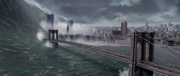 Movie still from “Deep Impact” (1998), directed by Mimi Leder – A view of a bridge and a city in the distance; Extreme Wide shot, High angle