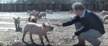 Movie still from “Upstream Color” (2013), directed by Shane Carruth – A young boy is petting a pig in a field; Medium shot, Over the shoulder angle