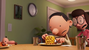 Movie still from “Diary of a Wimpy Kid” (2021), directed by Gino Nichele – A cartoon of a man eating a pile of food on top of a plate; Medium shot, Low angle