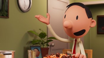 Movie still from “Diary of a Wimpy Kid” (2021), directed by Gino Nichele – An image of a cartoon character; Medium shot, Over the shoulder angle