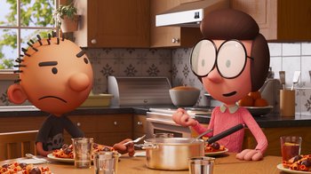 Movie still from “Diary of a Wimpy Kid” (2021), directed by Gino Nichele – Two cartoon characters sitting at a table in a kitchen; Medium shot, Over the shoulder angle