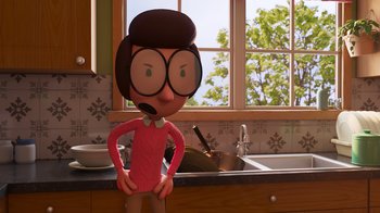 Movie still from “Diary of a Wimpy Kid” (2021), directed by Gino Nichele – A cartoon character is standing in front of a kitchen sink; Medium shot, High angle