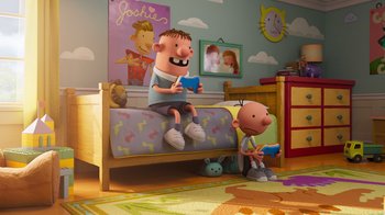 Movie still from “Diary of a Wimpy Kid” (2021), directed by Gino Nichele – Two cartoon characters sitting on top of a bed; Wide shot, High angle