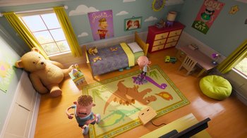 Movie still from “Diary of a Wimpy Kid” (2021), directed by Gino Nichele – A cartoon room with a bed , a dresser , a bed , and a bed spread; Extreme Wide shot, High angle