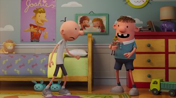 Movie still from “Diary of a Wimpy Kid” (2021), directed by Gino Nichele – Two cartoon characters in a room with a bed and a picture on the wall behind them; Medium shot, Over the shoulder angle