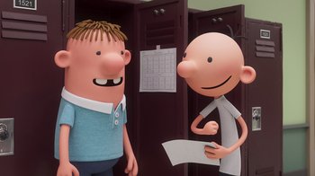 Movie still from “Diary of a Wimpy Kid” (2021), directed by Gino Nichele – Two cartoon characters standing next to each other in front of lockers; Medium shot, Over the shoulder angle