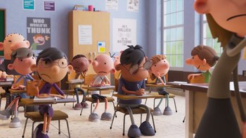 Movie still from “Diary of a Wimpy Kid” (2021), directed by Gino Nichele – A group of kids sitting at desks in a class room; Wide shot, High angle
