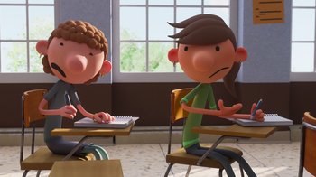 Movie still from “Diary of a Wimpy Kid” (2021), directed by Gino Nichele – Two cartoon characters sitting at a desk in front of a window; Medium shot, Over the shoulder angle