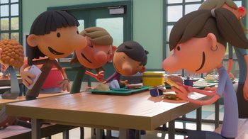 Movie still from “Diary of a Wimpy Kid” (2021), directed by Gino Nichele – A group of people sitting at a table; Wide shot, Over the shoulder angle
