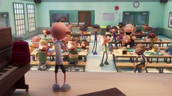 Movie still from “Diary of a Wimpy Kid” (2021), directed by Gino Nichele – A group of cartoon characters in a classroom setting; Extreme Wide shot, High angle
