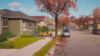 Movie still from “Diary of a Wimpy Kid” (2021), directed by Gino Nichele – An artist's rendering of a street with a car parked on the side of the road; Extreme Wide shot, High angle