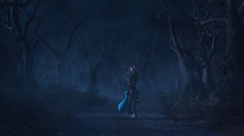 Movie still from “Diary of a Wimpy Kid” (2021), directed by Gino Nichele – A person holding a bag in a dark forest at night; Extreme Wide shot, High angle