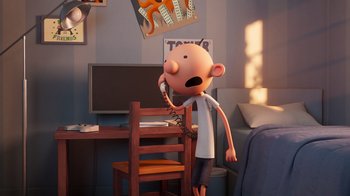 Movie still from “Diary of a Wimpy Kid” (2021), directed by Gino Nichele – A cartoon of a man holding a phone to his ear; Wide shot, High angle