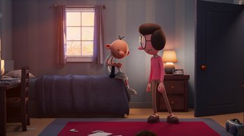 Movie still from “Diary of a Wimpy Kid” (2021), directed by Gino Nichele – A boy and a girl are standing in a room; Wide shot, High angle