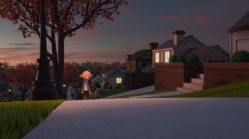 Movie still from “Diary of a Wimpy Kid” (2021), directed by Gino Nichele – An animated scene of a girl walking down the street at night; Extreme Wide shot, High angle