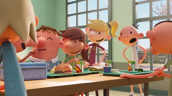 Movie still from “Diary of a Wimpy Kid” (2021), directed by Gino Nichele – A group of people sitting at a table with food on it; Medium shot, Over the shoulder angle