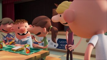 Movie still from “Diary of a Wimpy Kid” (2021), directed by Gino Nichele – A group of people sitting at a table with a sign; Medium shot, Over the shoulder angle