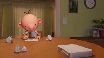 Movie still from “Diary of a Wimpy Kid” (2021), directed by Gino Nichele – An animated character is writing on a table; Medium shot, High angle