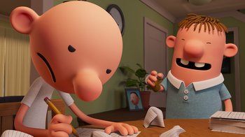 Movie still from “Diary of a Wimpy Kid” (2021), directed by Gino Nichele – Two cartoon characters are sitting at a table; Medium shot, High angle