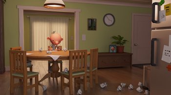 Movie still from “Diary of a Wimpy Kid” (2021), directed by Gino Nichele – An animated character sitting at a dining room table; Wide shot, High angle
