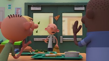 Movie still from “Diary of a Wimpy Kid” (2021), directed by Gino Nichele – A scene from a cartoon about a boy and his friends; Medium shot, Over the shoulder angle