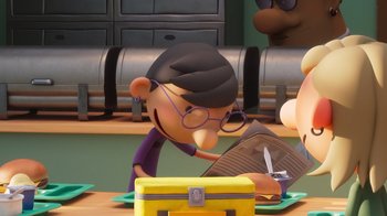 Movie still from “Diary of a Wimpy Kid” (2021), directed by Gino Nichele – A cartoon of a person holding a knife in their hand; Medium shot, Over the shoulder angle