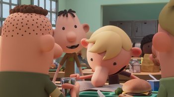 Movie still from “Diary of a Wimpy Kid” (2021), directed by Gino Nichele – A group of people sitting at a table with a cup; Close Up shot, Over the shoulder angle