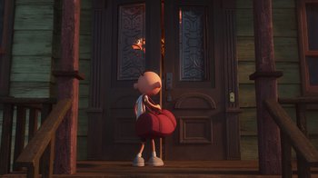 Movie still from “Diary of a Wimpy Kid” (2021), directed by Gino Nichele – A cartoon character is standing in front of a door; Wide shot, High angle