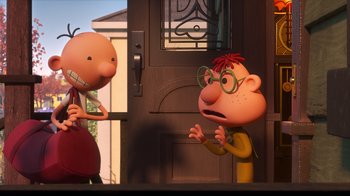 Movie still from “Diary of a Wimpy Kid” (2021), directed by Gino Nichele – Two cartoon characters standing in front of a door; Medium shot, Over the shoulder angle