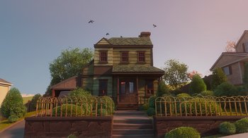 Movie still from “Diary of a Wimpy Kid” (2021), directed by Gino Nichele – An image of an old house with birds flying over it; Extreme Wide shot, Low angle
