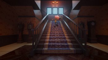 Movie still from “Diary of a Wimpy Kid” (2021), directed by Gino Nichele – A cartoon character is running down the stairs; Extreme Wide shot, High angle