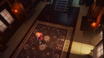 Movie still from “Diary of a Wimpy Kid” (2021), directed by Gino Nichele – A chair in the middle of the floor in a room; Extreme Wide shot, Overhead angle